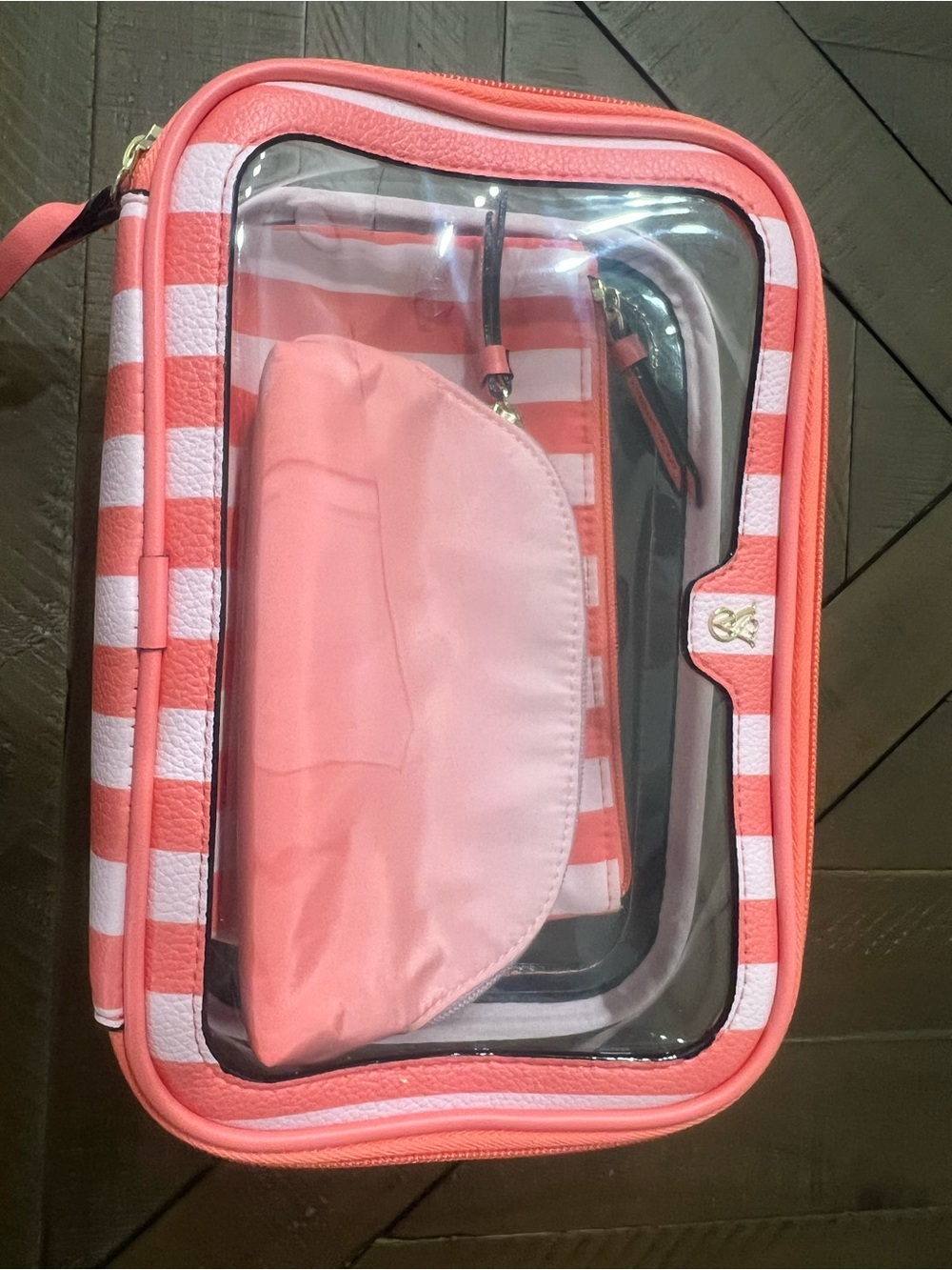 Victoria's Secret Coral Pink and White Striped Clear Cosmetic Case